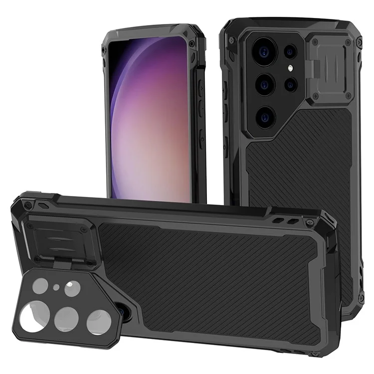 For Samsung Galaxy S24 Ultra Case Aluminum Alloy + Silicone Lens Kickstand Phone Cover with PET Film - Black