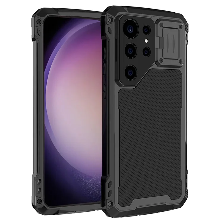 For Samsung Galaxy S24 Ultra Case Aluminum Alloy + Silicone Lens Kickstand Phone Cover with PET Film - Black