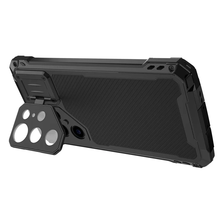 For Samsung Galaxy S24 Ultra Case Aluminum Alloy + Silicone Lens Kickstand Phone Cover with PET Film - Black