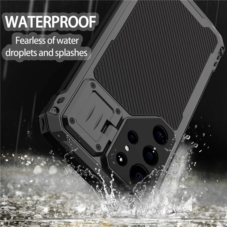 For Samsung Galaxy S24 Ultra Case Aluminum Alloy + Silicone Lens Kickstand Phone Cover with PET Film - Black