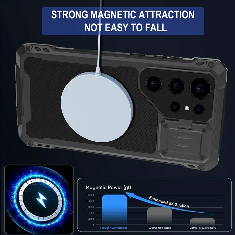 For Samsung Galaxy S24 Ultra Case Aluminum Alloy + Silicone Lens Kickstand Phone Cover with PET Film - Black