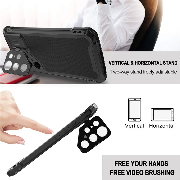 For Samsung Galaxy S24 Ultra Case Aluminum Alloy + Silicone Lens Kickstand Phone Cover with PET Film - Black