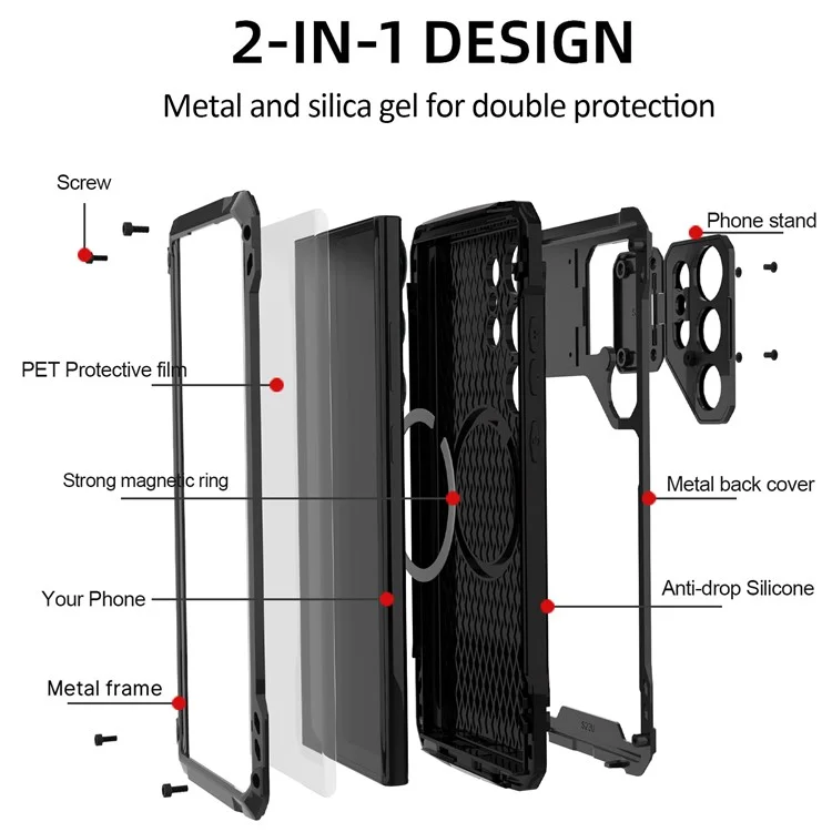 For Samsung Galaxy S24 Ultra Case Aluminum Alloy + Silicone Lens Kickstand Phone Cover with PET Film - Black