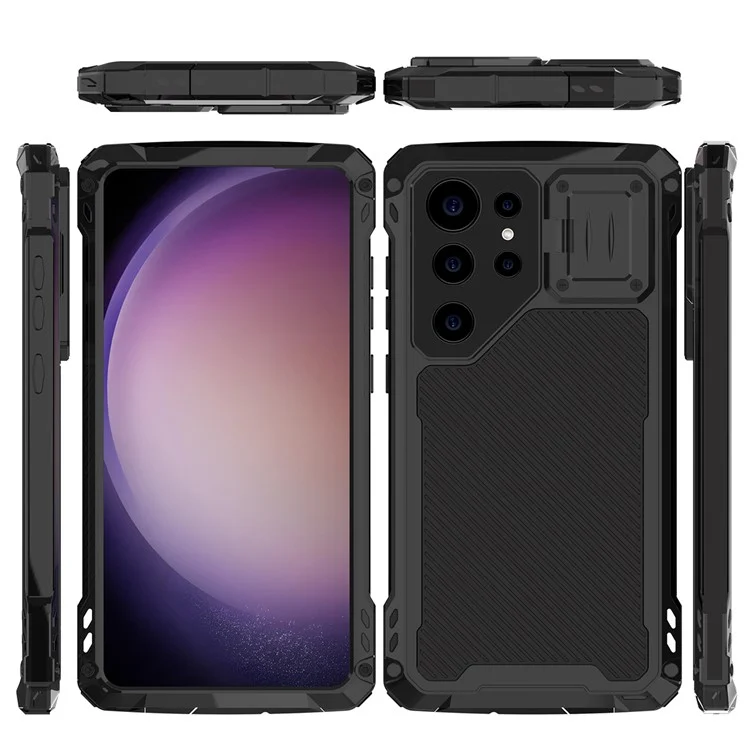 For Samsung Galaxy S24 Ultra Case Aluminum Alloy + Silicone Lens Kickstand Phone Cover with PET Film - Black