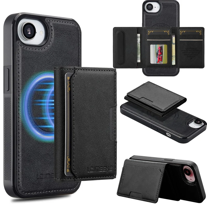 LC.IMEEKE L5 For iPhone 16e Magnetic Phone Case Leather Back Cover with Detachable Card Holder - Black