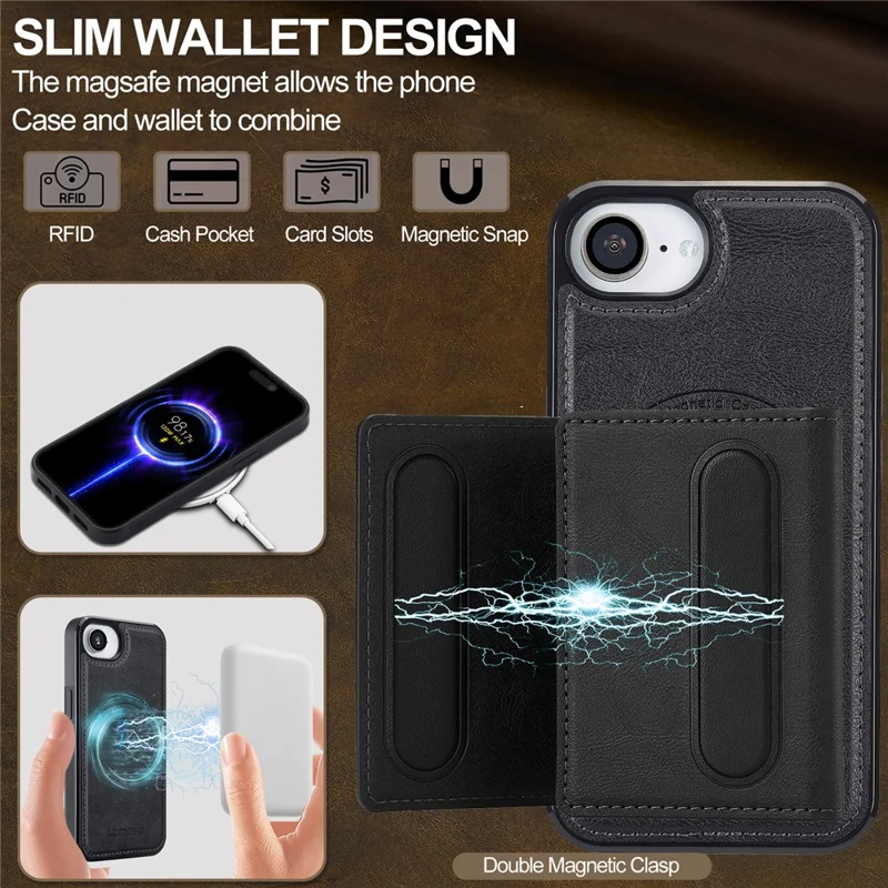 LC.IMEEKE L5 For iPhone 16e Magnetic Phone Case Leather Back Cover with Detachable Card Holder - Black