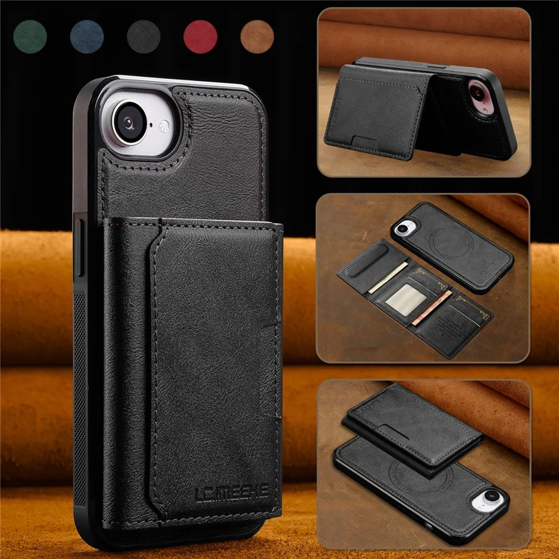 LC.IMEEKE L5 For iPhone 16e Magnetic Phone Case Leather Back Cover with Detachable Card Holder - Black