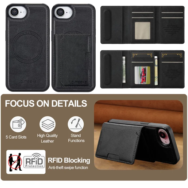 LC.IMEEKE L5 For iPhone 16e Magnetic Phone Case Leather Back Cover with Detachable Card Holder - Black