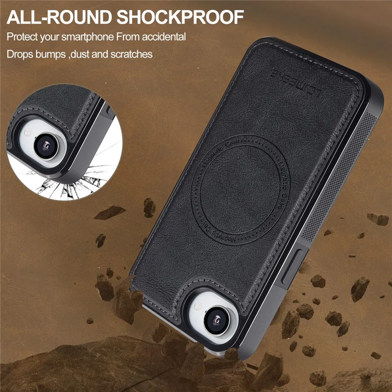 LC.IMEEKE L5 For iPhone 16e Magnetic Phone Case Leather Back Cover with Detachable Card Holder - Black