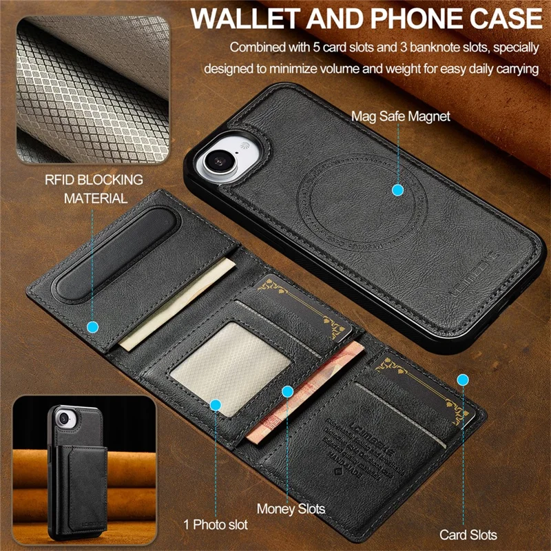 LC.IMEEKE L5 For iPhone 16e Magnetic Phone Case Leather Back Cover with Detachable Card Holder - Black