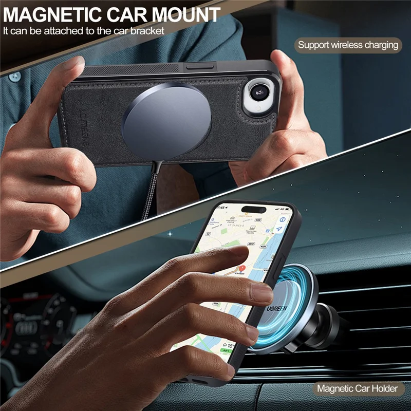 LC.IMEEKE L5 For iPhone 16e Magnetic Phone Case Leather Back Cover with Detachable Card Holder - Black