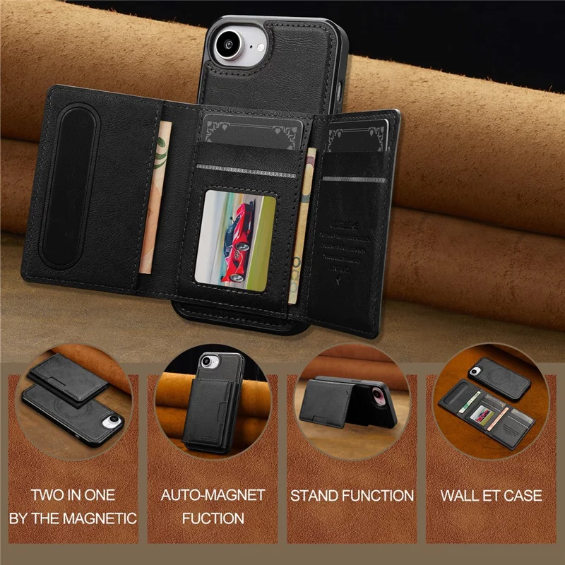 LC.IMEEKE L5 For iPhone 16e Magnetic Phone Case Leather Back Cover with Detachable Card Holder - Black