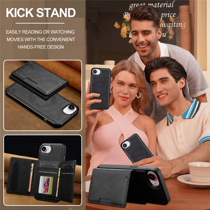 LC.IMEEKE L5 For iPhone 16e Magnetic Phone Case Leather Back Cover with Detachable Card Holder - Black