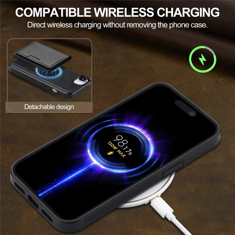 LC.IMEEKE L5 For iPhone 16e Magnetic Phone Case Leather Back Cover with Detachable Card Holder - Black