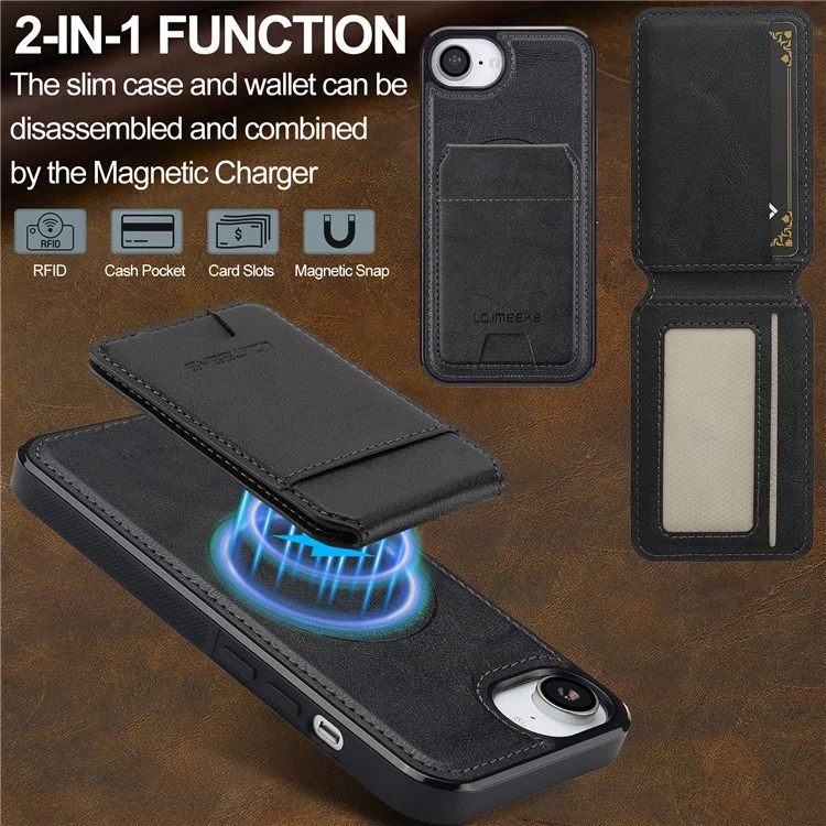 LC.IMEEKE L3 Funda Magnética con Tarjetero Desmontable de Cuero y TPU para iPhone 16e - Negro
