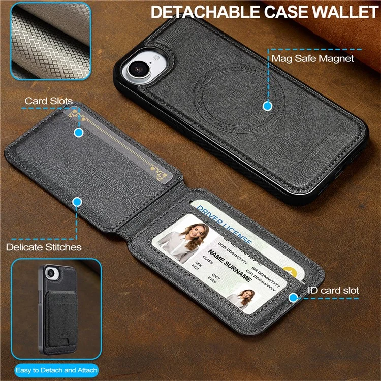 LC.IMEEKE L3 Funda Magnética con Tarjetero Desmontable de Cuero y TPU para iPhone 16e - Negro
