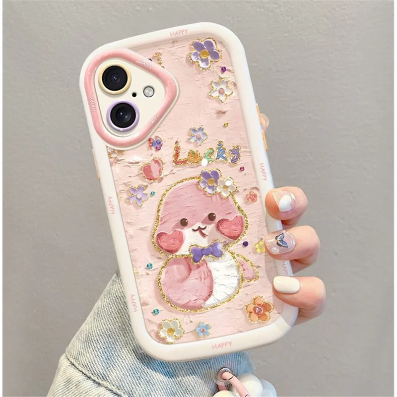 For iPhone 16 Plus Case with Strap Lucky Snake Pattern Design TPU + PC Protective Phone Cover