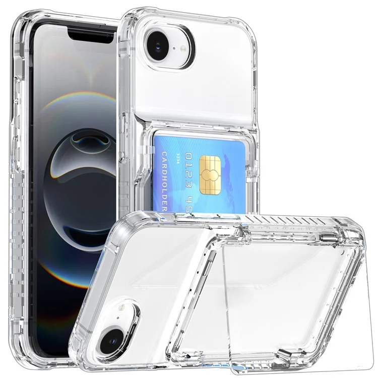For iPhone 16e Clear Case PC + TPU Phone Cover Card Holder Kickstand - Transparent