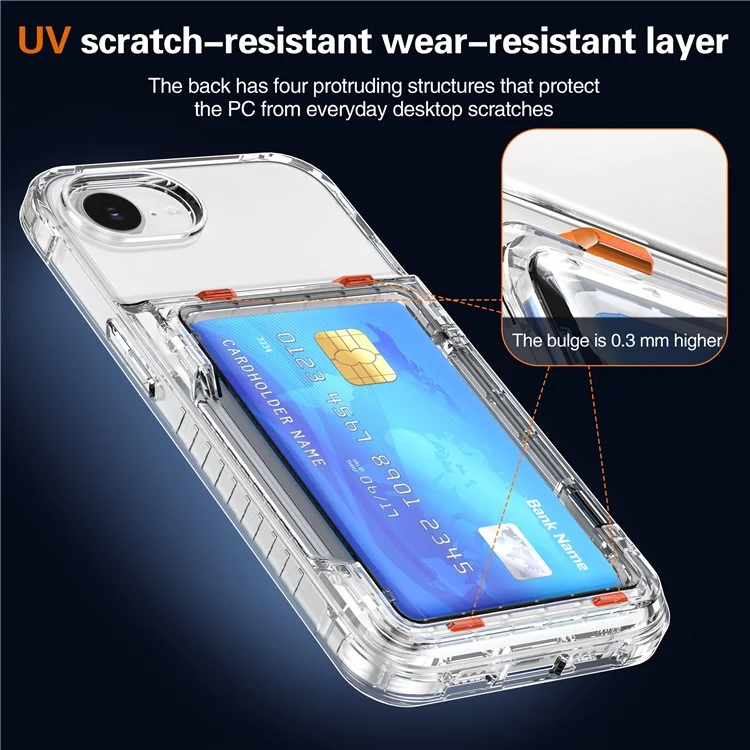 For iPhone 16e Clear Case PC + TPU Phone Cover Card Holder Kickstand - Transparent