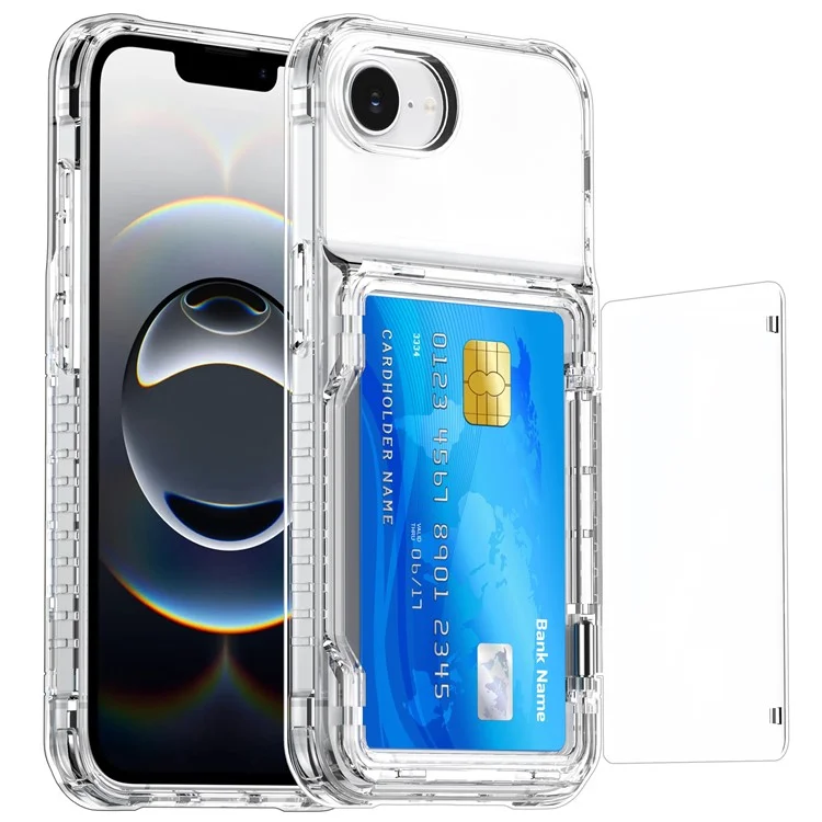 For iPhone 16e Clear Case PC + TPU Phone Cover Card Holder Kickstand - Transparent