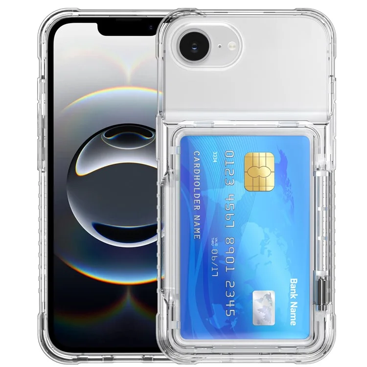 For iPhone 16e Clear Case PC + TPU Phone Cover Card Holder Kickstand - Transparent
