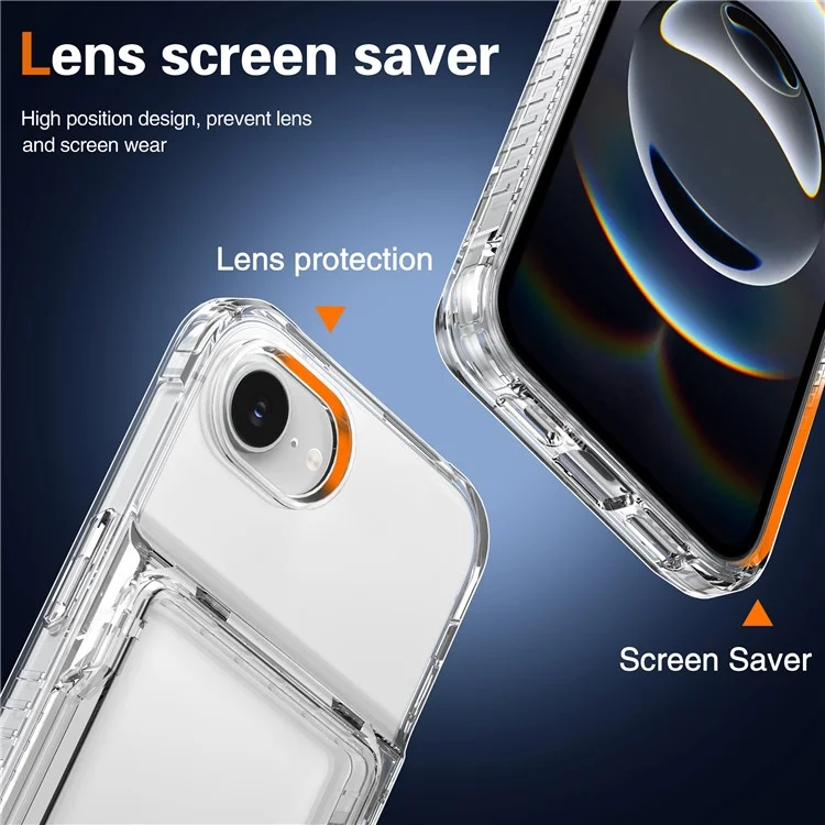 For iPhone 16e Clear Case PC + TPU Phone Cover Card Holder Kickstand - Transparent