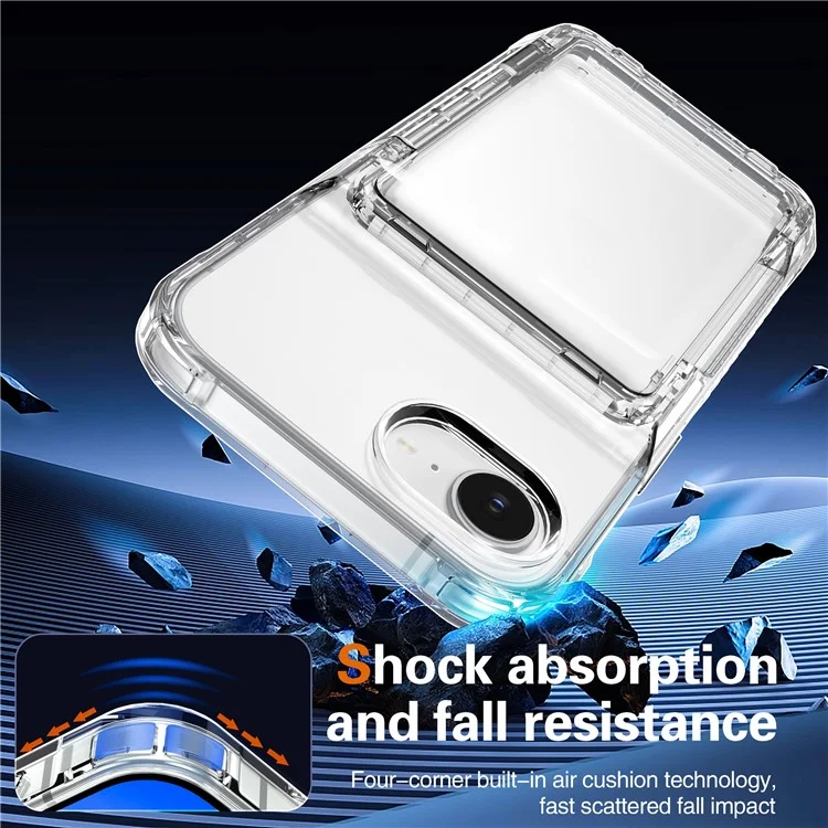 For iPhone 16e Clear Case PC + TPU Phone Cover Card Holder Kickstand - Transparent