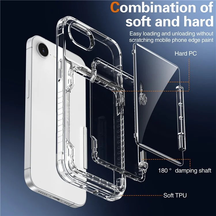 For iPhone 16e Clear Case PC + TPU Phone Cover Card Holder Kickstand - Transparent