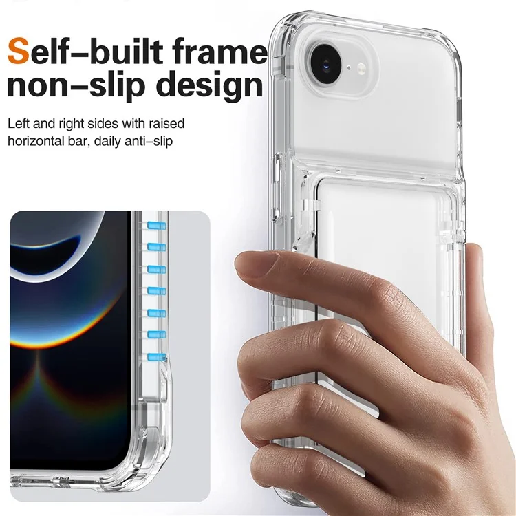 For iPhone 16e Clear Case PC + TPU Phone Cover Card Holder Kickstand - Transparent