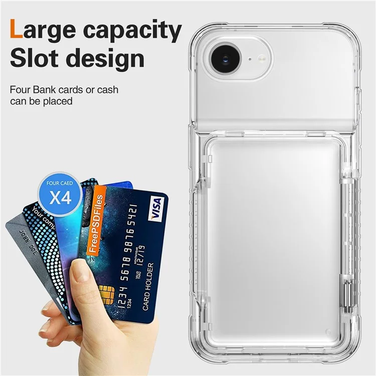 For iPhone 16e Clear Case PC + TPU Phone Cover Card Holder Kickstand - Transparent