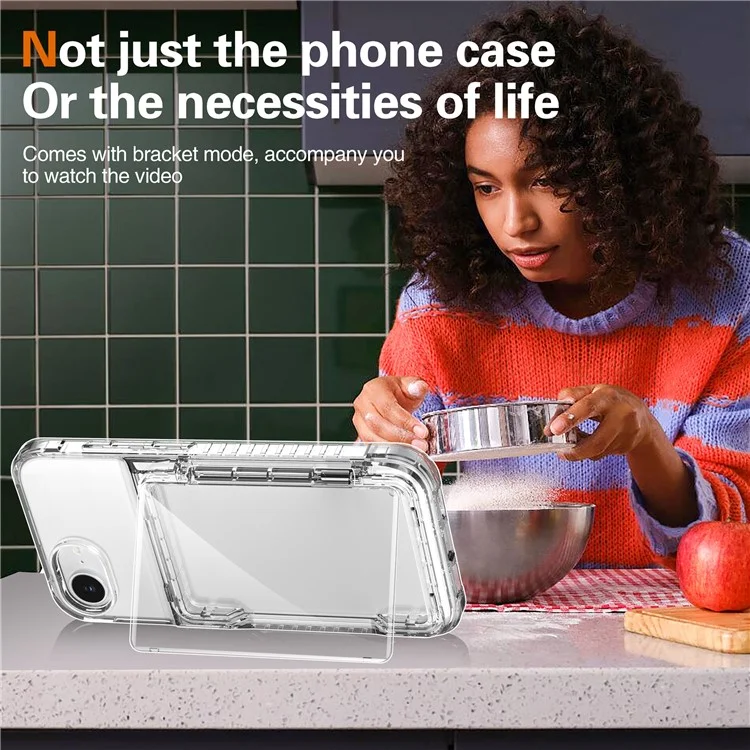 For iPhone 16e Clear Case PC + TPU Phone Cover Card Holder Kickstand - Transparent