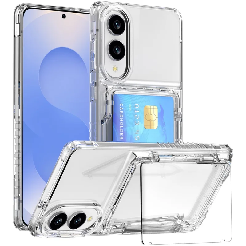 Pour Samsung Galaxy S25 Edge Étui Transparent PC + TPU Porte-Cartes avec Support - Transparent