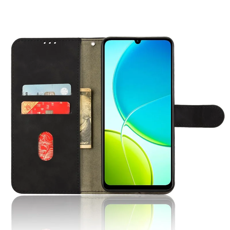 Funda de piel para vivo Y04 4G Tacto de piel Anticaída Billetera Flip Phone Cover - Negro