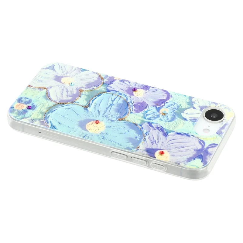 For iPhone 16e Case Floral Pattern IMD TPU Phone Back Cover Rhinestone Decor - Purple Flower