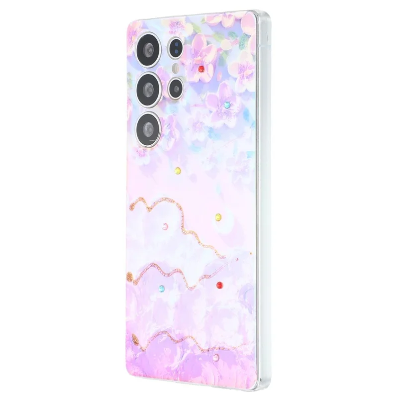 For Samsung Galaxy S25 Ultra Case Floral Pattern IMD TPU Phone Back Cover Rhinestone Decor - Sakura