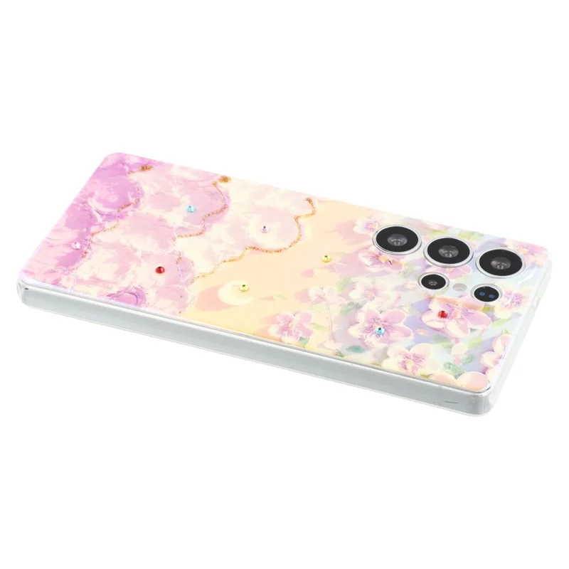 For Samsung Galaxy S25 Ultra Case Floral Pattern IMD TPU Phone Back Cover Rhinestone Decor - Sakura