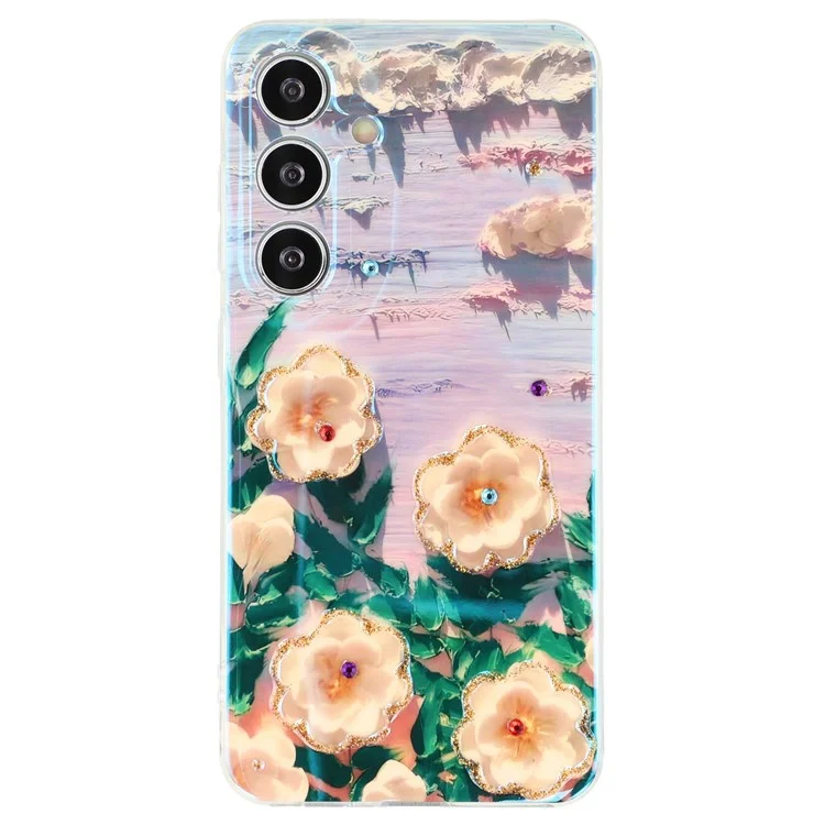 For Samsung Galaxy S25+ / S24+ Case Floral Pattern IMD TPU Phone Back Cover Rhinestone Decor - White Flower