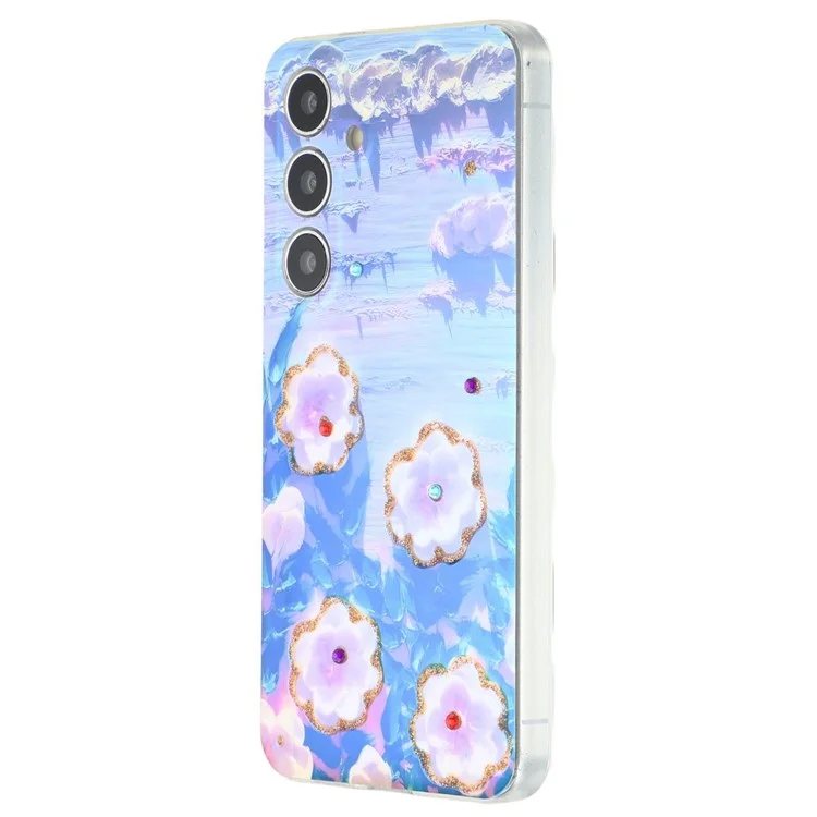 For Samsung Galaxy S25+ / S24+ Case Floral Pattern IMD TPU Phone Back Cover Rhinestone Decor - White Flower