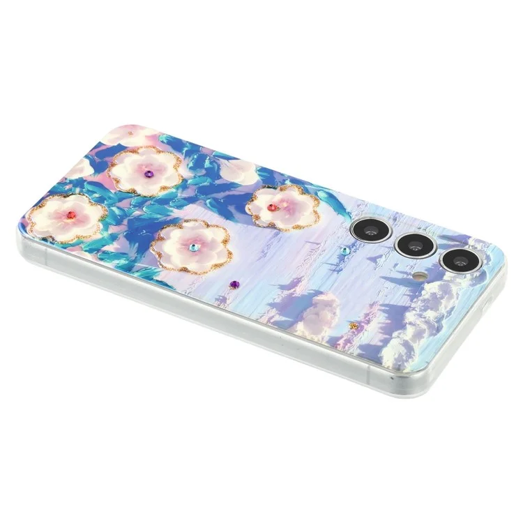 For Samsung Galaxy S25+ / S24+ Case Floral Pattern IMD TPU Phone Back Cover Rhinestone Decor - White Flower
