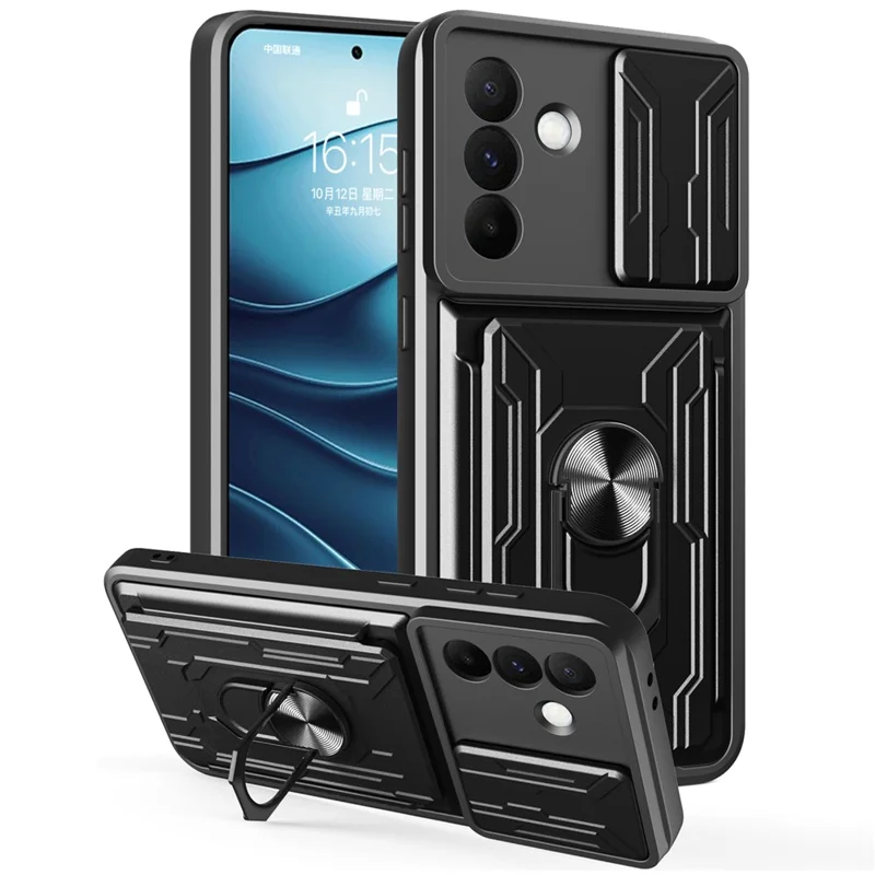 Voor Samsung Galaxy A56 5G hoesje PC + TPU met standaard en camerashuif - Zwart