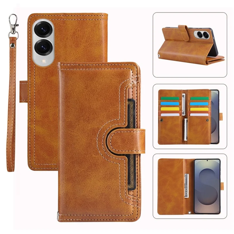For Samsung Galaxy S25 Edge Case Split Leather Magnetic Wallet Phone Protector with Wrist Strap - Brown