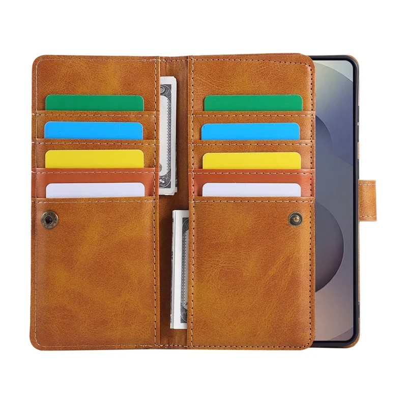 For Samsung Galaxy S25 Edge Case Split Leather Magnetic Wallet Phone Protector with Wrist Strap - Brown