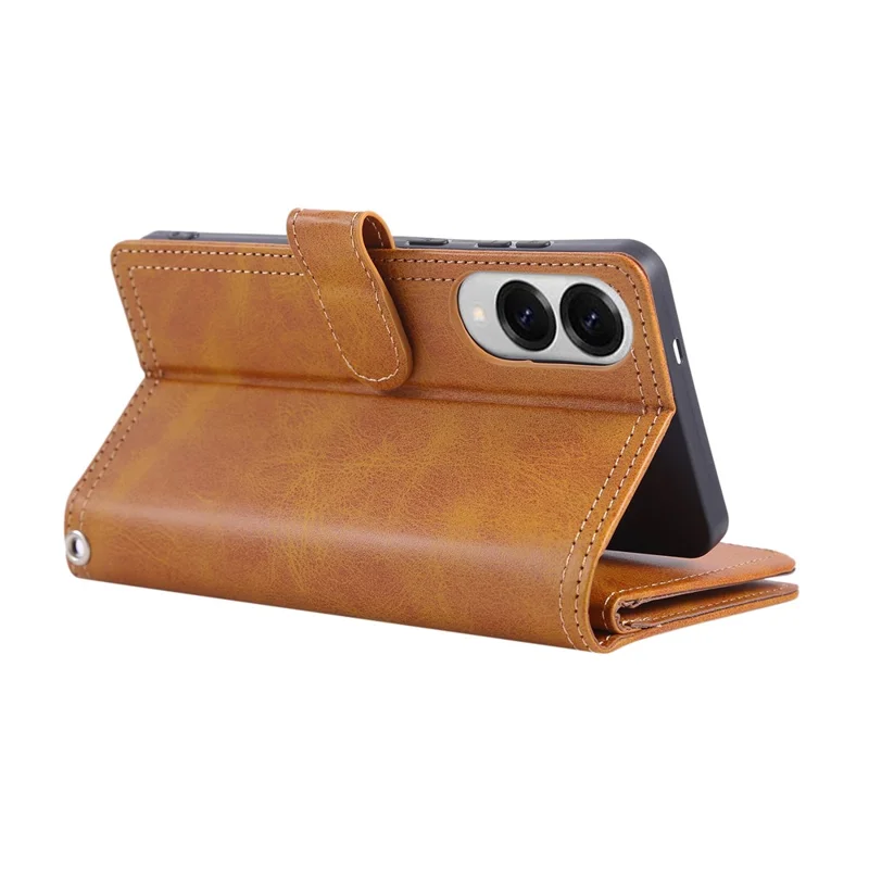 For Samsung Galaxy S25 Edge Case Split Leather Magnetic Wallet Phone Protector with Wrist Strap - Brown