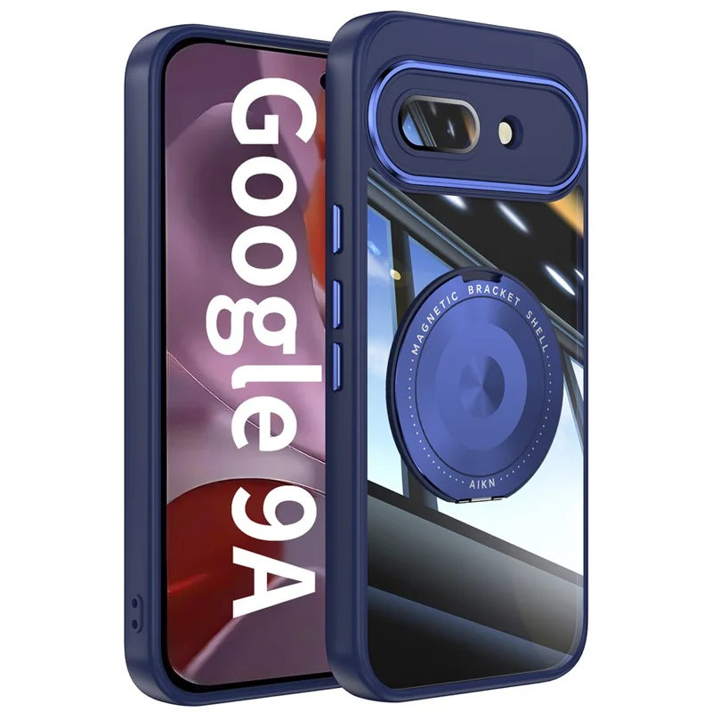 For Google Pixel 9a Magnetic Case PC + TPU Phone Cover with Rotating Metal Kickstand, Lens Protector - Blue