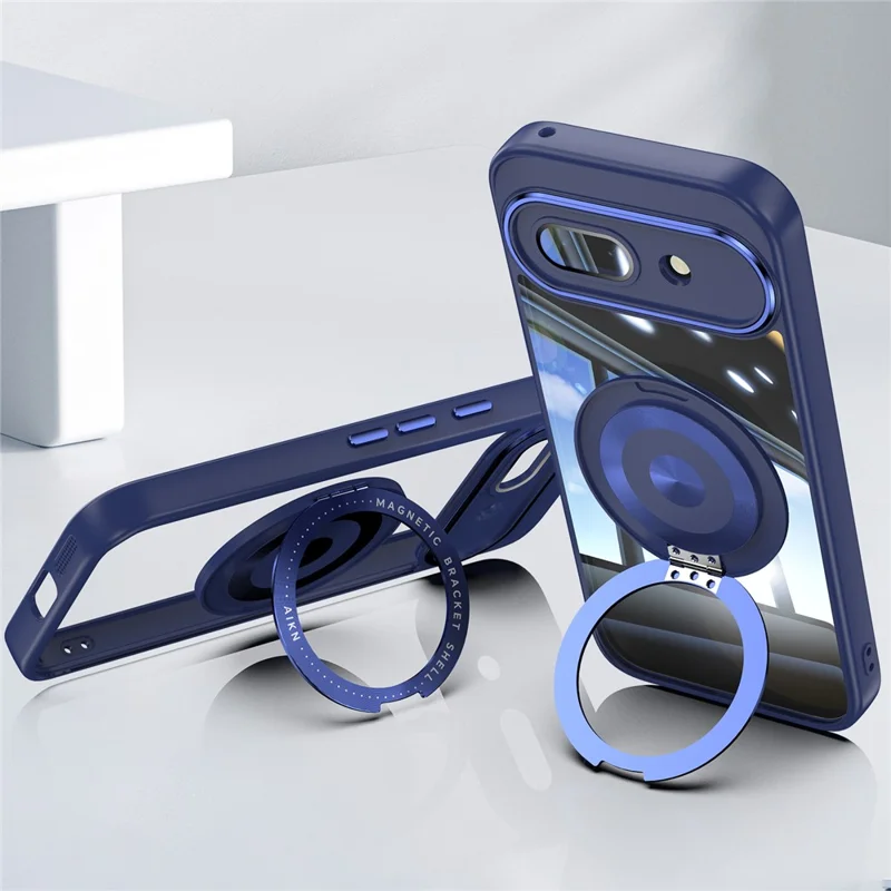 For Google Pixel 9a Magnetic Case PC + TPU Phone Cover with Rotating Metal Kickstand, Lens Protector - Blue