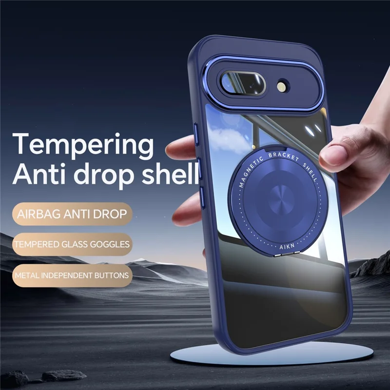 For Google Pixel 9a Magnetic Case PC + TPU Phone Cover with Rotating Metal Kickstand, Lens Protector - Blue