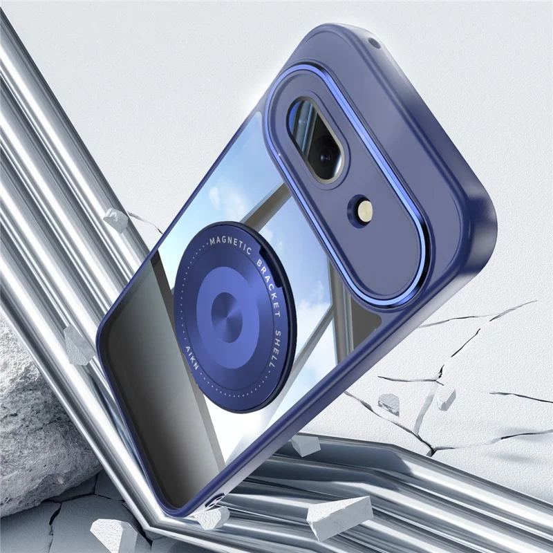 For Google Pixel 9a Magnetic Case PC + TPU Phone Cover with Rotating Metal Kickstand, Lens Protector - Blue