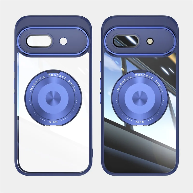 For Google Pixel 9a Magnetic Case PC + TPU Phone Cover with Rotating Metal Kickstand, Lens Protector - Blue