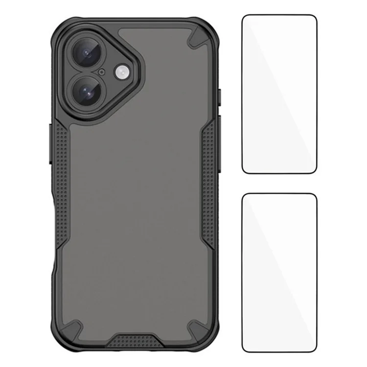 WANLONFENG MFFJ2 Series For iPhone 16 Back Cover with 2PCS Tempered Glass TPU + Acrylic Phone Case - Black