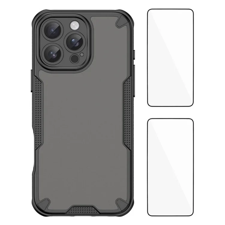 WANLONFENG MFFJ2 Series For iPhone 16 Pro Back Cover with 2PCS Tempered Glass TPU + Acrylic Phone Case - Black